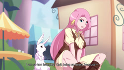 Size: 1280x721 | Tagged: safe, artist:jonfawkes, angel bunny, fluttershy, human, rabbit, she talks to angel, animal, anime, body swap, clothes, female, humanized, scene interpretation, subtitles, wing ears