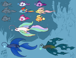 Size: 1441x1100 | Tagged: safe, artist:atryl, applejack, fluttershy, pinkie pie, princess celestia, princess luna, queen chrysalis, rainbow dash, rarity, twilight sparkle, angler fish, changeling, changeling queen, fish, original species, fishified, flutterfish, grin, mane six, maybe salmon, my little x, rainbow trout, rarifish, smiling, smirk, species swap