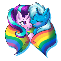 Size: 2000x2000 | Tagged: safe, artist:mandy1412, derpibooru import, starlight glimmer, trixie, pony, unicorn, blushing, chest fluff, ear fluff, eyes closed, female, fluffy, heart eyes, lesbian, mare, nuzzling, pride, pride flag, pride ponies, shipping, simple background, startrix, white background, wingding eyes