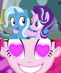 Size: 330x397 | Tagged: safe, derpibooru import, edit, edited screencap, screencap, pinkie pie, starlight glimmer, trixie, coinky-dink world, eqg summertime shorts, equestria girls, female, lesbian, meme, pinkie's eyes, shipping, startrix