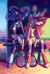 Size: 2586x3879 | Tagged: safe, artist:holivi, princess celestia, princess luna, anthro, belly button, clothes, magic, skirt, tennis, tennis racket