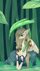 Size: 1200x2100 | Tagged: safe, artist:lonerdemiurge_nail, oc, oc:toy, pegasus, pony, clothes, female, leaf, leaf umbrella, looking down, mare, micro, rain, sitting, socks, solo, striped socks