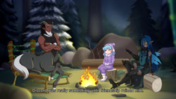 Size: 1280x721 | Tagged: safe, artist:jonfawkes, cozy glow, lord tirek, queen chrysalis, centaur, human, frenemies (episode), boots, campfire, chair, clothes, cloven hooves, elf ears, eye clipping through hair, female, forest, hat, high heel boots, horns, humanized, log, male, nose piercing, nose ring, piercing, pine tree, scene interpretation, shoes, sitting, subtitles, tree, tree stump, trio, winter outfit, woman
