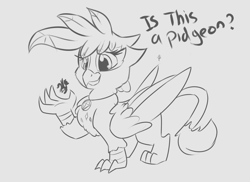 Size: 3300x2400 | Tagged: safe, artist:leadhooves, oc, oc only, griffon, pegasus, pony, is this a pigeon, macro, meme, monochrome