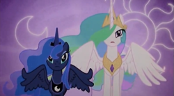 Size: 793x439 | Tagged: safe, screencap, princess celestia, princess luna, alicorn, pony, the crystal empire, duo, frown, hair over one eye, looking at you, moon, spread wings, sun