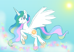 Size: 1022x722 | Tagged: safe, artist:pixie-rings, princess celestia, alicorn, pony, female, mare, multicolored mane, solo, white coat