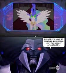 Size: 537x600 | Tagged: safe, edit, edited screencap, screencap, princess celestia, alicorn, pony, the crystal empire, dark magic, darklestia, hub logo, megatron, meme, sombra eyes, transformers