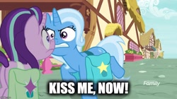 Size: 888x499 | Tagged: safe, derpibooru import, edit, edited screencap, screencap, starlight glimmer, trixie, pony, unicorn, student counsel, boop, caption, female, image macro, lesbian, meme, noseboop, shipping, startrix, text, trixie yells at everything