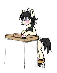 Size: 744x950 | Tagged: artist needed, safe, oc, oc only, oc:floor bored, earth pony, pony, /mlp/, 4chan, bipedal, bipedal leaning, blushing, female, leaning, lipstick, mare, mirror, smiling, solo, stool