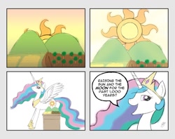 Size: 1200x950 | Tagged: safe, artist:jdan-s, princess celestia, alicorn, pony, female, horn, mare, multicolored mane, plot, solo, white coat