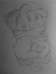 Size: 960x1280 | Tagged: artist needed, safe, fluttershy, oc, oc:floor bored, earth pony, pegasus, pony, /mlp/, 4chan, holding, monochrome, scared, traditional art, wavy mouth