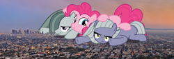 Size: 1968x680 | Tagged: safe, limestone pie, marble pie, pinkie pie, pony, the maud couple, annoyed, california, city, female, giant ponies in real life, giant pony, giantess, irl, los angeles, macro, photo, ponies in real life, smiling
