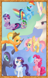 Size: 900x1450 | Tagged: safe, artist:cocoa, artist:faeriebottle, applejack, fluttershy, nightmare moon, pinkie pie, princess celestia, rainbow dash, rarity, spike, twilight sparkle, alicorn, dragon, earth pony, pegasus, pony, unicorn, balloon, glasses, mane seven, mane six, pixiv