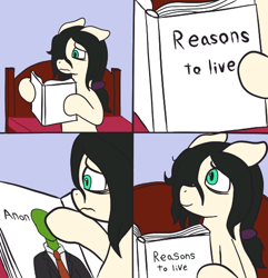 Size: 500x519 | Tagged: safe, artist:scraggleman, oc, oc only, oc:anon, oc:floor bored, earth pony, pony, /mlp/, 4chan, bed, book, comic, female, mare, meme, reasons to live, smiling, solo