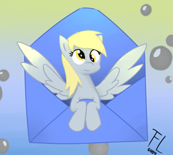 Size: 941x841 | Tagged: safe, artist:flylash6009, derpy hooves, pegasus, pony, bust, envelope, female, letter, mare, micro, solo, spread wings, wings