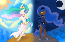 Size: 1834x1200 | Tagged: safe, artist:girgrunny, princess celestia, princess luna, crown, duo, duo female, female, humanized, jewelry, regalia, siblings, sisters