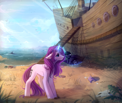 Size: 1623x1368 | Tagged: safe, artist:mich-art, oc, oc only, crab, pony, unicorn, beach, blushing, cloud, crepuscular rays, dishevelled, duo, female, floppy ears, gangplank, glowing horn, hat, magic, male, mare, micro, net, ocean, pirate hat, ratlines, sailship, ship, skull, stallion, telekinesis