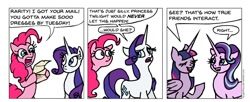 Size: 980x400 | Tagged: safe, artist:gingerfoxy, pinkie pie, rarity, starlight glimmer, twilight sparkle, twilight sparkle (alicorn), alicorn, pony, unicorn, pony comic generator, comic, screencap comic