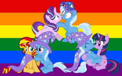 Size: 2000x1236 | Tagged: safe, artist:3d4d, derpibooru import, starlight glimmer, sunset shimmer, trixie, twilight sparkle, twilight sparkle (alicorn), alicorn, pony, female, gay pride flag, lesbian, magical quartet, magical quintet, magical trio, pride, pride flag, shipping, startrix, suntrix, twixie