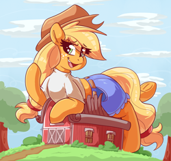 Size: 3500x3306 | Tagged: safe, artist:graphene, applejack, earth pony, pony, applejack's hat, belt, big-apple-pony, clothes, cowboy hat, cute, denim skirt, female, freckles, giant pony, hat, looking at you, macro, mare, shirt, skirt, stetson