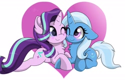 Size: 2048x1306 | Tagged: safe, artist:envygirl95, derpibooru import, starlight glimmer, trixie, pony, unicorn, blushing, cheek to cheek, chest fluff, cute, diatrixes, female, glimmerbetes, lesbian, nuzzling, one eye closed, prone, shipping, startrix