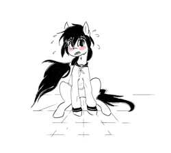 Size: 1556x1388 | Tagged: safe, artist:tostitos, oc, oc only, oc:floor bored, earth pony, pony, /mlp/, 4chan, black and white, blush sticker, blushing, clothes, cute, female, grayscale, mare, monochrome, nervous, open mouth, partial color, sailor uniform, shirt, sitting, solo, sweat, tile