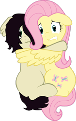 Size: 1000x1594 | Tagged: safe, artist:cinderfall, fluttershy, oc, oc:floor bored, earth pony, pegasus, pony, duo, female, floppy ears, hug, looking at you, mare, scared, simple background, transparent background, vector, winghug