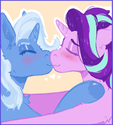 Size: 700x776 | Tagged: safe, artist:kittycoot, derpibooru import, starlight glimmer, trixie, pony, unicorn, blushing, eyes closed, female, kissing, lesbian, shipping, startrix