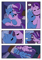 Size: 2893x4092 | Tagged: safe, artist:raph13th, derpibooru import, starlight glimmer, trixie, pony, unicorn, comic:glim glam and pals, bed, comic, drool, drool string, drunk, drunker glimmer, drunklight glimmer, female, kissing, lesbian, shipping, startrix, the great and alcoholics trixie