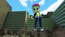 Size: 3020x1698 | Tagged: safe, artist:shrunkenlover, sour sweet, equestria girls, 3d, city, clothes, destruction, female, giantess, macro, people, sitting