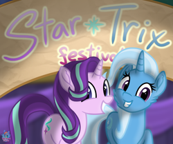 Size: 1610x1344 | Tagged: safe, artist:rainbow eevee, derpibooru import, starlight glimmer, trixie, pony, unicorn, atg 2019, banner, cute, female, festival, festive, lesbian, looking at you, mare, newbie artist training grounds, photo, shipping, smiling, smiling at you, startrix, text