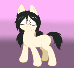 Size: 1220x1128 | Tagged: safe, artist:scraggleman, oc, oc only, oc:floor bored, earth pony, pony, alternate hairstyle, blank flank, female, gradient background, looking at you, mare, pigtails, solo, startled, surprised, twintails