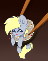 Size: 1621x2048 | Tagged: safe, artist:kittyrosie, derpy hooves, pegasus, pony, blush sticker, blushing, eyes closed, female, food, heart, mare, micro, ponies in food, simple background, solo, sushi, sushi pony, this will end in vore