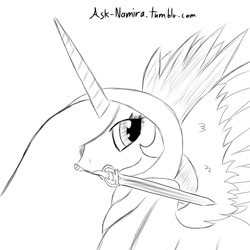 Size: 1024x1024 | Tagged: safe, artist:namira, princess celestia, alicorn, pony, 30 minute art challenge, costume, meridia, monochrome, skyrim, sword, the elder scrolls