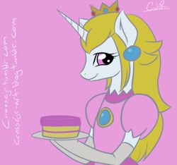 Size: 854x800 | Tagged: safe, artist:crosscjr, princess celestia, pony, 30 minute art challenge, bipedal, cake, cosplay, costume, looking at you, princess peach, super mario bros.