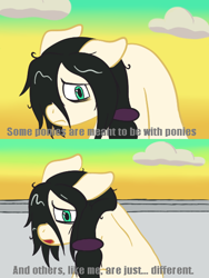 Size: 432x576 | Tagged: safe, artist:scraggleman, oc, oc only, oc:floor bored, earth pony, pony, /mlp/, 4chan, cloud, dialogue, female, hey arnold, mare, open mouth, parody, pigeon man, ponytail, sad, scene parody, solo