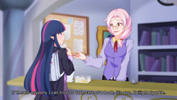 Size: 1280x720 | Tagged: safe, artist:jonfawkes, dusty pages, twilight sparkle, human, the point of no return, backpack, clothes, desk, elf ears, humanized, library, open mouth, scene interpretation, subtitles, unicorns as elves