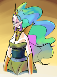 Size: 629x844 | Tagged: safe, artist:ross irving, princess celestia, clothes, female, horn, humanized, simple background