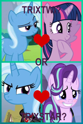 Size: 600x900 | Tagged: safe, derpibooru import, starlight glimmer, trixie, twilight sparkle, twilight sparkle (alicorn), alicorn, pony, alicorn amulet, female, lesbian, shipping, shipping domino, startrix, twixie