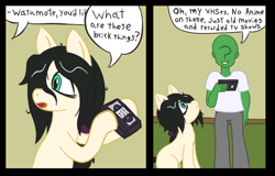 Size: 610x390 | Tagged: safe, artist:scraggleman, oc, oc only, oc:anon, oc:floor bored, earth pony, human, pony, 2 panel comic, comic, dialogue, sitting, vhs