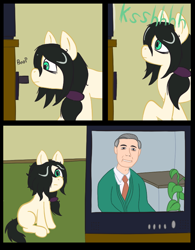 Size: 600x770 | Tagged: safe, artist:scraggleman, oc, oc only, oc:floor bored, earth pony, pony, comic, mister rogers, mister rogers' neighborhood, sitting, solo, television, vcr, vhs