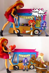 Size: 1200x1800 | Tagged: safe, artist:whatthehell!?, edit, derpy hooves, starlight glimmer, sunset shimmer, better together, equestria girls, clothes, collage, comic, crossbow, doll, duality, equestria girls minis, eqventures of the minis, female, food, giantess, godzilla (series), gojira, irl, japan, macro, muffin, pants, photo, ponied up, self paradox, shoes, size difference, sunset sushi, sushi, toy, truck