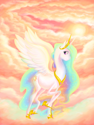 Size: 3010x4000 | Tagged: safe, artist:bellacielo, princess celestia, alicorn, pony, cloud, cloudy, flying, solo