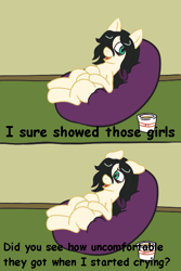 Size: 360x540 | Tagged: safe, artist:scraggleman, oc, oc only, oc:floor bored, earth pony, pony, /mlp/, 2 panel comic, 4chan, comic, dialogue, female, lying down, mare, on back, open mouth, solo, the marvelous misadventures of flapjack