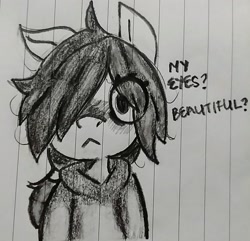 Size: 1272x1226 | Tagged: safe, artist:shpace, oc, oc only, oc:floor bored, earth pony, pony, /mlp/, 4chan, blushing, clothes, dialogue, female, hoodie, lined paper, mare, monochrome, solo, traditional art