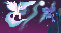 Size: 2000x1091 | Tagged: safe, artist:sarahsupernatrualist, princess celestia, princess luna, alicorn, pony, flying, moon, night