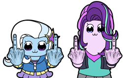 Size: 1100x700 | Tagged: safe, artist:shrimpshogun, derpibooru exclusive, derpibooru import, starlight glimmer, trixie, equestria girls, female, fuck you, middle finger, pop team epic, shipping, startrix, trace, vulgar