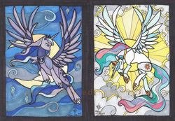 Size: 900x622 | Tagged: safe, artist:mialythila, princess celestia, princess luna, alicorn, pony, crown, female, horn, jewelry, mare, regalia, siblings, sisters, stained glass