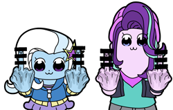 Size: 1100x700 | Tagged: safe, alternate version, artist:shrimpshogun, derpibooru exclusive, derpibooru import, starlight glimmer, trixie, equestria girls, aviary of middle fingers, censor bar, censored, female, lesbian, middle finger, pop team epic, shipping, startrix, trace, vulgar