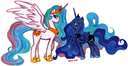 Size: 750x388 | Tagged: safe, artist:suzux, princess celestia, princess luna, alicorn, pony, simple background, traditional art